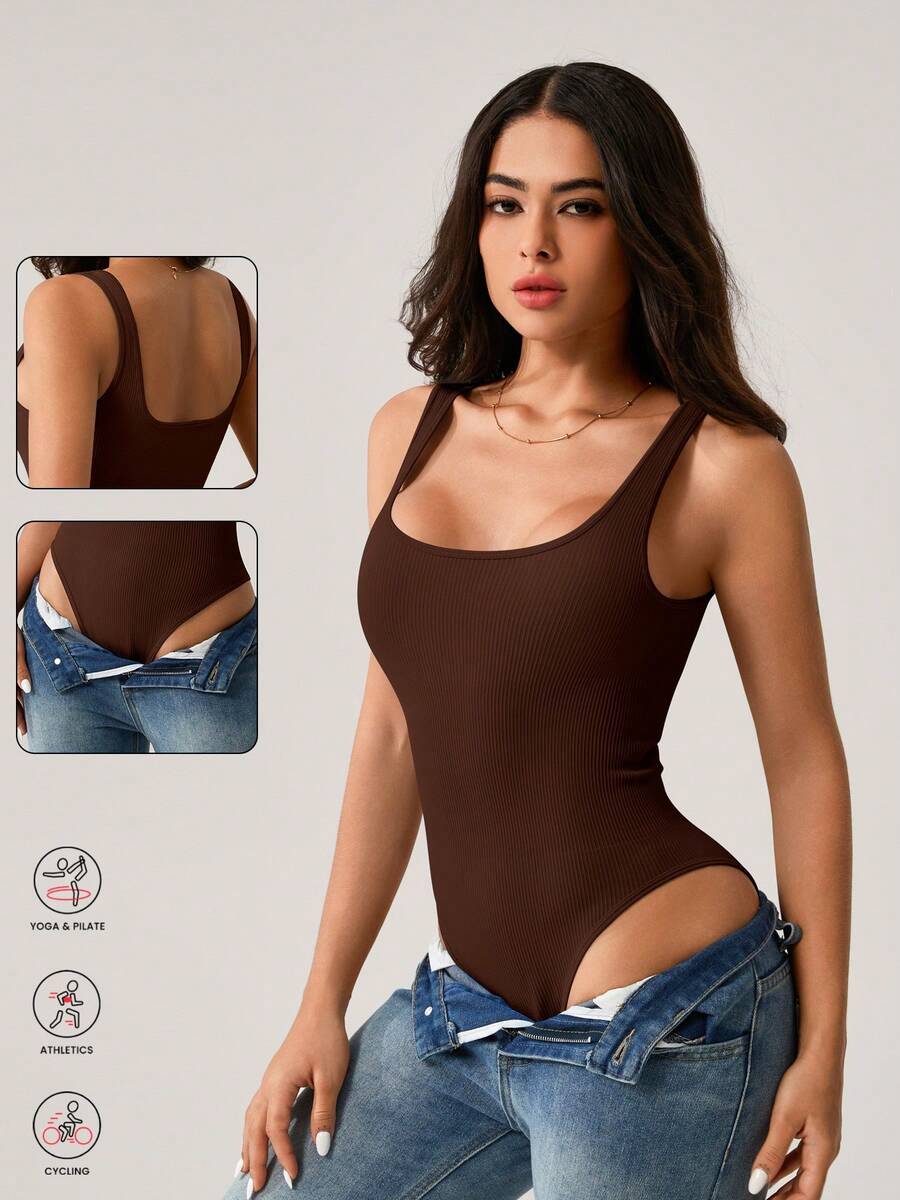 NcmRyu Women's Solid Color Seamless Ribbed Romper - Sleeveless Yoga & Workout Jumpsuit, Comfortable Breathable Slim-Fit Activewear For Exercise & Casual Wear - 咖啡棕 - 查看 1