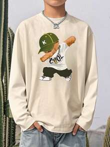 1 Stück Jungen Lässiges bedrucktes Rundhals Langarm T-Shirt, Herbst Studentenmode - Lustiger grafischer Muster T-Shirt, der Kinder zum Lächeln bringt - Aprikosenfarben - Übersicht 1