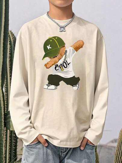 1pc Boys' Casual Printed Crew Neck Long Sleeve T-Shirt, Autumn Student Youth Apparel - Funny Graphic Print T-Shirt That Will Make Kids Smile