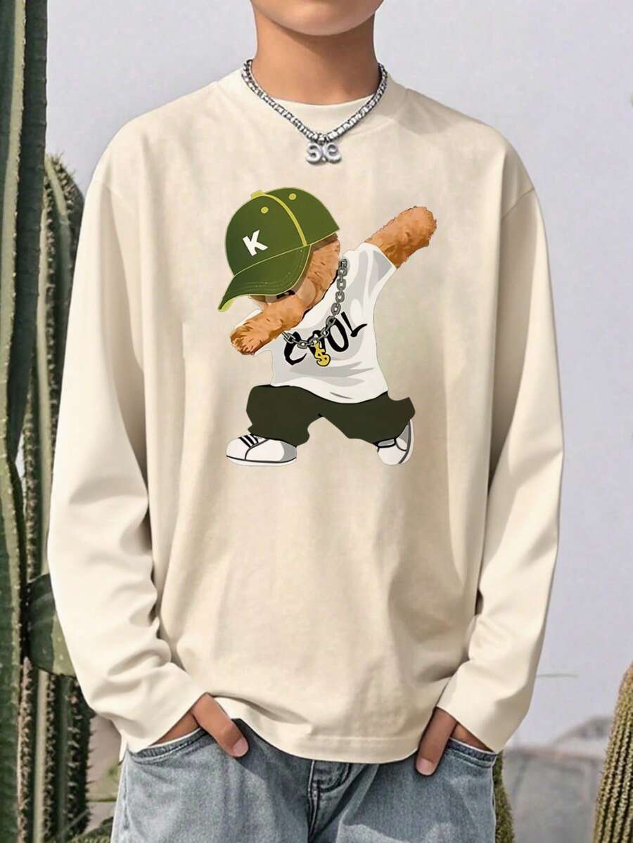 1 Stück Jungen Lässiges bedrucktes Rundhals Langarm T-Shirt, Herbst Studentenmode - Lustiger grafischer Muster T-Shirt, der Kinder zum Lächeln bringt - Aprikosenfarben - Übersicht 1