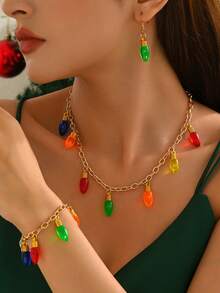 3pcs/Set Christmas Celebration Necklace, Bracelet, Earrings Jewelry Set For Women, Fashion Bohemian Elegant Colorful Bulb Pendant Tassel Choker Necklace, Casual Daily & Holiday Gift Perfect Accessory