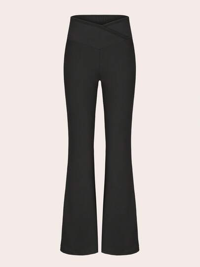 Damen Hochtaillierte Wickel-Schlaghose - einfarbige, fleece-gefütterte, schmale, elastische Lässig Hose für Herbst/Winter, Winter verdickte, gebürstete, sportliche Leggings mit gekreuzter Taille, kuschelig & dehnbar