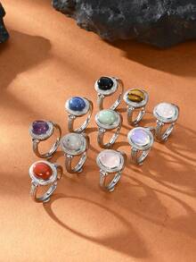 1pc Natural Crystal & Stone Egg-Shaped Smooth Open Ring, Suitable For Men And Women - Multicolor - View 13