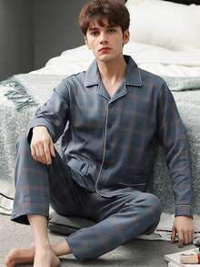 男士两件套睡衣套装 - 长袖翻领衬衫式睡衣 + 直筒裤 - 时尚休闲睡衣，可外穿，秋冬服装