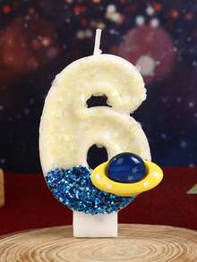 1 件创意生日数字蜡烛蓝色太空星球宇宙元素数字宇宙飞船银河系生日蜡烛蛋糕装饰生日派对周年庆典，闪亮喜庆 - 彩色 - 查看 9