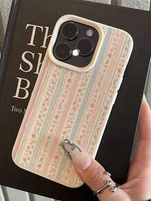 1pc White Floral Blue & Pink Striped Minimalist Pattern Full Coverage TPU Shockproof Phone Case Suitable For IPhone17/IPhone17 Air/IPhone17 Pro/IPhone17 Pro Max/16 Pro Max/15 Pro Max/14 Pro Max/13 Pro Max/12 Pro Max - trắng - Xem 3