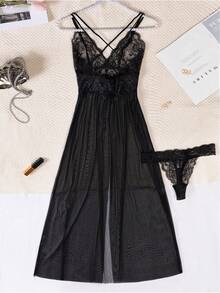 2pcs New Lace Bridal Lingerie Set, Mesh Sheer Sexy Camisole Maxi Dress & Shorts For Rave, Baddie Look - Black - View 12