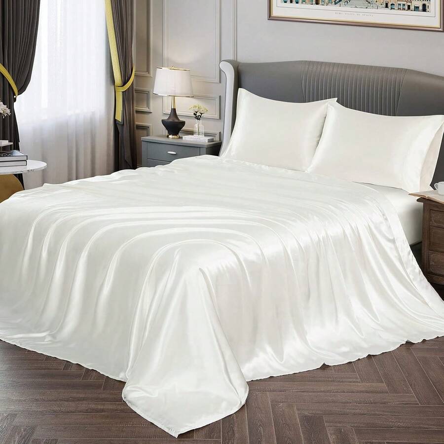Silky Soft Pink Twin XL Satin Bed Sheets Set, 1 Deep Pocket Fitted Sheet + 1 Flat Sheet + 1 Pillowcase, In 2025 - Ivory White - View 1