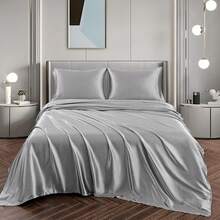 Silky Soft Pink Twin XL Satin Bed Sheets Set, 1 Deep Pocket Fitted Sheet + 1 Flat Sheet + 1 Pillowcase,  In 2025 - 銀灰 - 查看 4