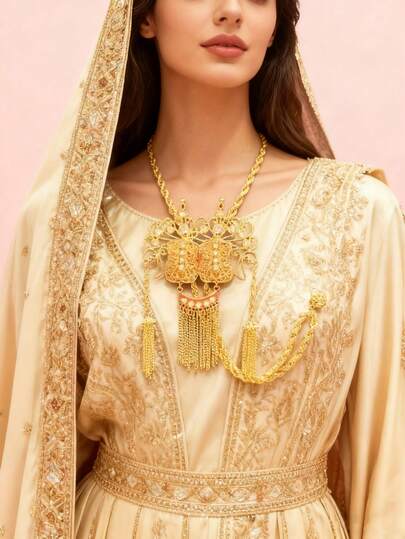 1 Stück luxuriöse Halskette im Palast-Stil aus Metall mit Cut Out Strass-Quaste, in verstellbarer Größe, großes Modell, Naher Osten arabischer Braut-Bestseller für Partys, Festivals, Bankette, Schmuckgeschenk für Frauen