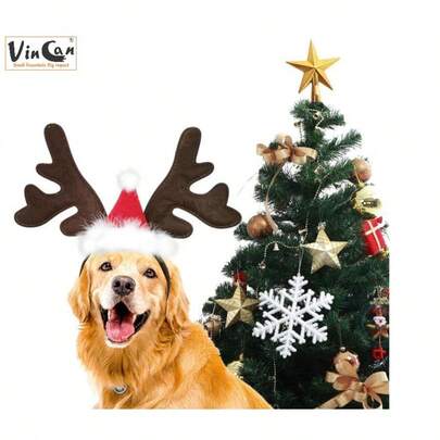 VINCAN 1 pieza Diadema con astas de reno y gorro de Papá Noel para mascotas, accesorio elástico navideño para perros y gatos, suministros de fiesta sin electricidad, decoración navideña, regalos de Navidad, adornos navideños