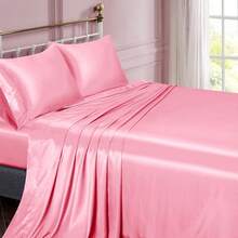 Silky Soft Pink Twin XL Satin Bed Sheets Set, 1 Deep Pocket Fitted Sheet + 1 Flat Sheet + 1 Pillowcase,  In 2025 - 亮粉紅色 - 查看 2