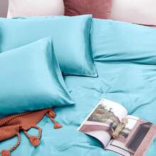 Silky Soft Pink Twin XL Satin Bed Sheets Set, 1 Deep Pocket Fitted Sheet + 1 Flat Sheet + 1 Pillowcase,  In 2025 - 天藍色 - 查看 5