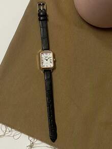 女士单件式PU表带小方罗马数字小表盘复古英文风格小众轻奢时尚石英表，适合日常佩戴 - 玫瑰金 - 查看 4