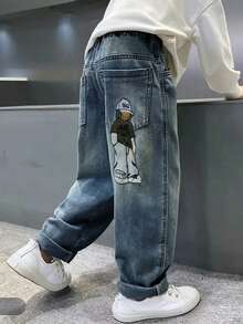 Tween Boy Fashion Cartoon Embroidered Washed Loose Fit Jeans - Dark Wash - View 4