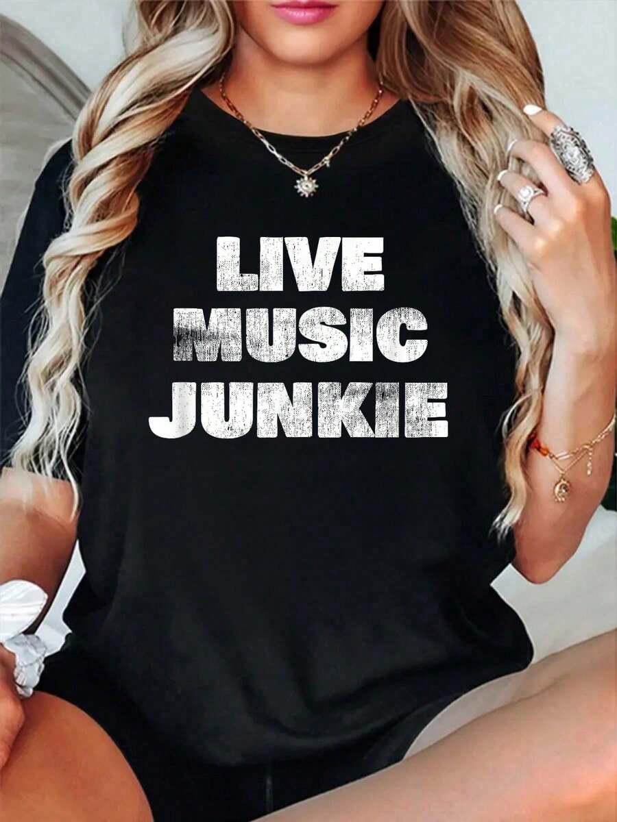 100% Cotton T Shirts Live Music Funny Concert Enthusiast T-Shirt Breathable & Comfort Fit Tee Women,Short Sleeve Crew Neck Top For All Seasons,Graphic Tees Women Tops - 黑色 - 查看 1