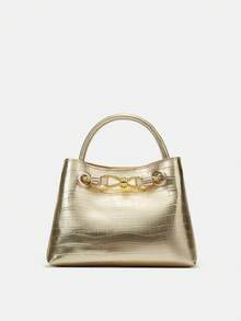 Bolso de hombro con textura de piedra, correa con hebilla de metal, diseño único, bolso bandolera de gran capacidad - Dorado - Ver 8