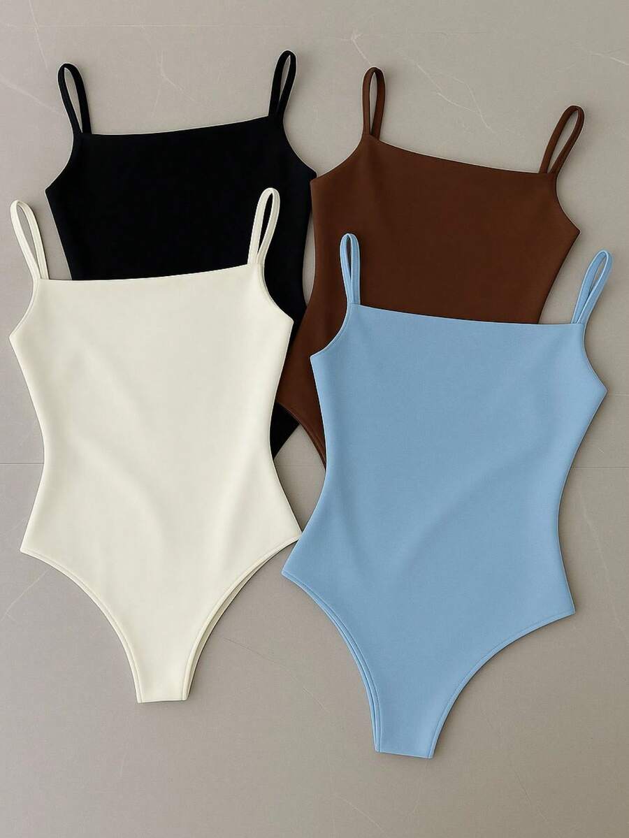 Kit With 4 Women's Leotard Bodysuit With Straps And Straight Neckline, Shaper, Elastic Fabric, Non-Transparency, Casual Fashion, Versatile, Basic, Gringa, Blogger - XANH-CÀ PHÊ-ĐEN-TRẮNG - Xem 1