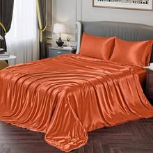 Silky Soft Pink Twin XL Satin Bed Sheets Set, 1 Deep Pocket Fitted Sheet + 1 Flat Sheet + 1 Pillowcase,  In 2025 - 亮橙色 - 查看 1