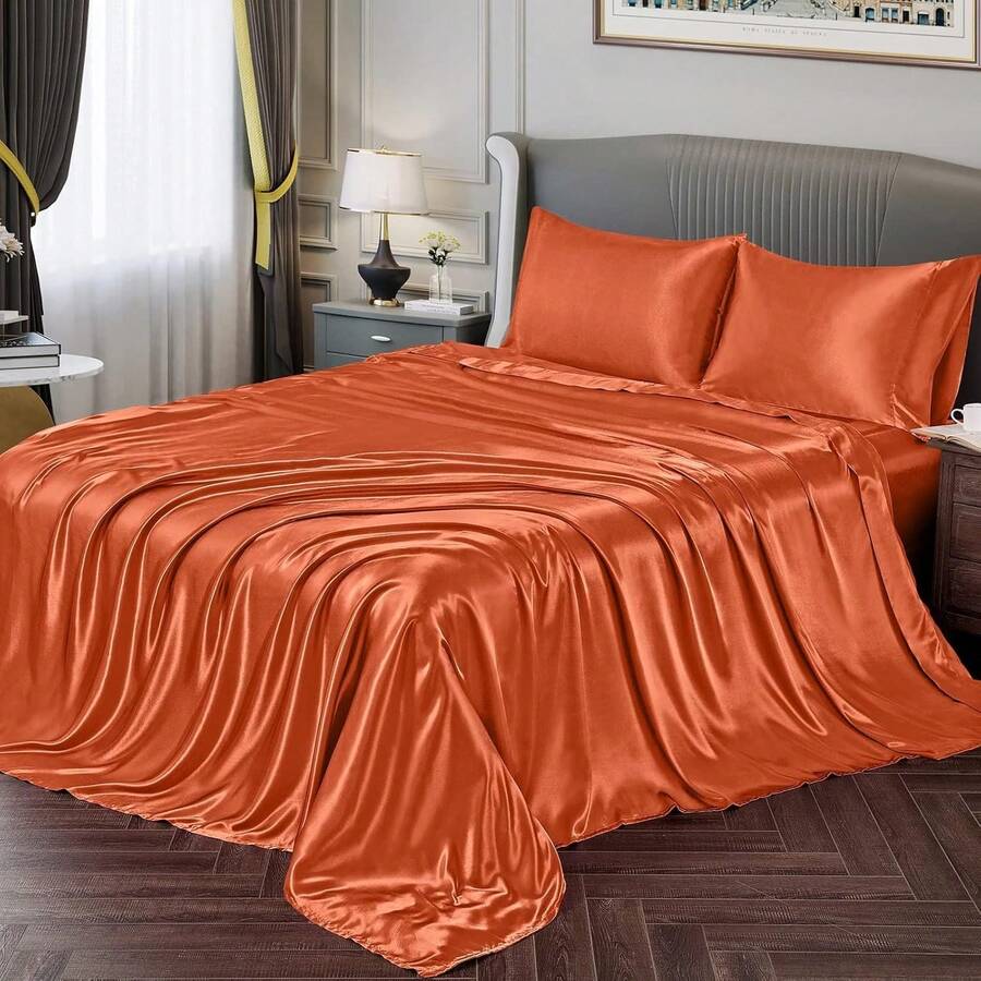 Silky Soft Pink Twin XL Satin Bed Sheets Set, 1 Deep Pocket Fitted Sheet + 1 Flat Sheet + 1 Pillowcase, In 2025 - 亮橙色 - 查看 1