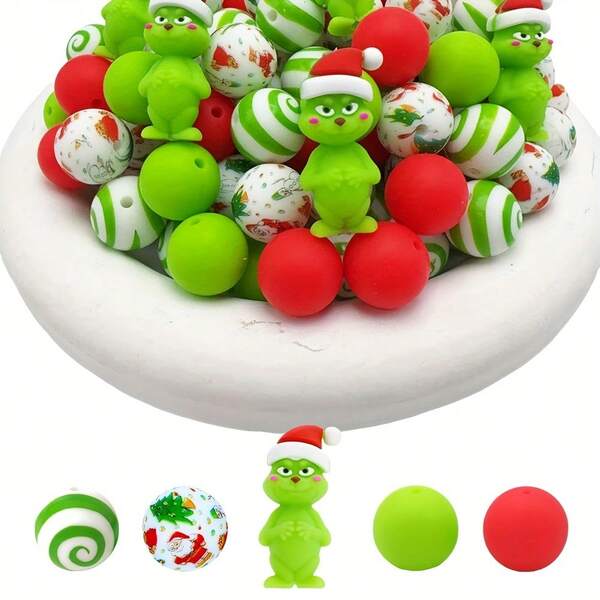 33 Pieces  Official Christmas Green Face Silicone Beads - Cute Design, Colorful Combination, Suitable For DIY Crafts, Keychains, And Pen Charms |   Fun And Durable Holiday Gift Ideas, Christmas Crafts, Holiday Decorations, Fun Ornaments, High-Quality Ornaments, Smooth Texture, Handmade Materials, Christmas And Halloween Gifts For Handicraft Lovers