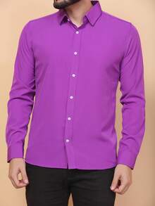 Men's Long Sleeve Dress Shirt, Plain With Elastane, Body Fabric, 90% Polyester, 10% Non-Greasy, Easy To Iron - 紫色 - 查看 1