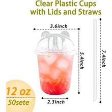 16oz 50 Set Disposable Plastic Cups With Dome Lids And Straws, Iced Coffee Cups With Lids, Round Bottom Plastic Cup Milkshakes Beverages Holiday Party Outdoor Picnic Supplies - 12盎司/50套(熊貓蓋) - 查看 3