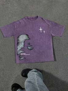 Men Crew Neck Graphic Print Short Sleeve Casual T-Shirt, For Going Out, Boyfriend Gift - Màu tím - Xem 8