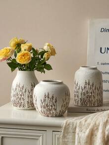 1pc Handcrafted Vintage Luxury Lavender Floral Relief Pattern Ceramic Vase, French Country Art Decor, Fresh/Dried Flower Container, Suitable For Living Room, Study, Office Desk, New Chinese Zen-Style Home Decor, Ramadan Decoration, Ramadan - Beige - View 11