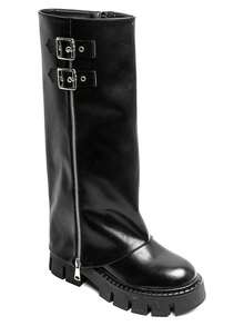 Bottes hautes noires en similicuir avec semelle crantée, décorées de deux boucles argentées et d’un zip latéral moderne. - 黑色 - 查看 2