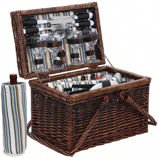 Alfresco Outdoor Insulated Liquor 4 Person Folding Deluxe Picnic Basket Set