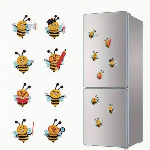 8pcs/Set Handmade Rhinestone Fridge Magnets, Cartoon Bee Rhinestone Art Kits, Suitable For Fridge, Electronics, Home Decor, Holiday Party Decoration, Halloween, Christmas Craft Gifts