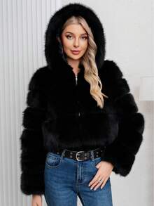 Elegant Women Black Fashion Warm Faux Fur Hooded Regular Length Long Sleeve Regular Sleeve Coat For Winter Christmas And New Year Vacation - Black - View 3