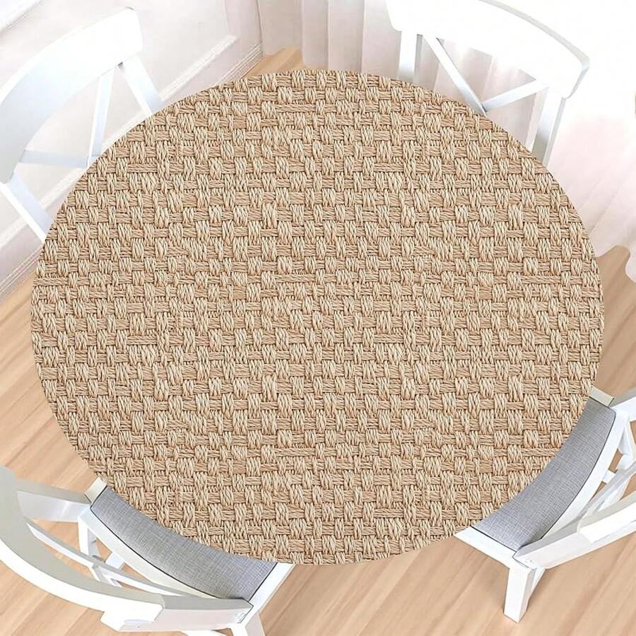 Water-Resistant Round Tablecloth With Elastic Edge For 40-44" Tables - Daily-beige Weave - View 1