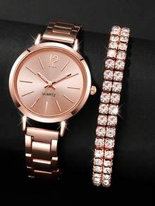 2PCS Rose Gold Alloy Strap Women's Watch Set Fashion Simple And Versatile Quartz Watch Bracelet Set For Daily Clothing Matching Or Holiday Gifts