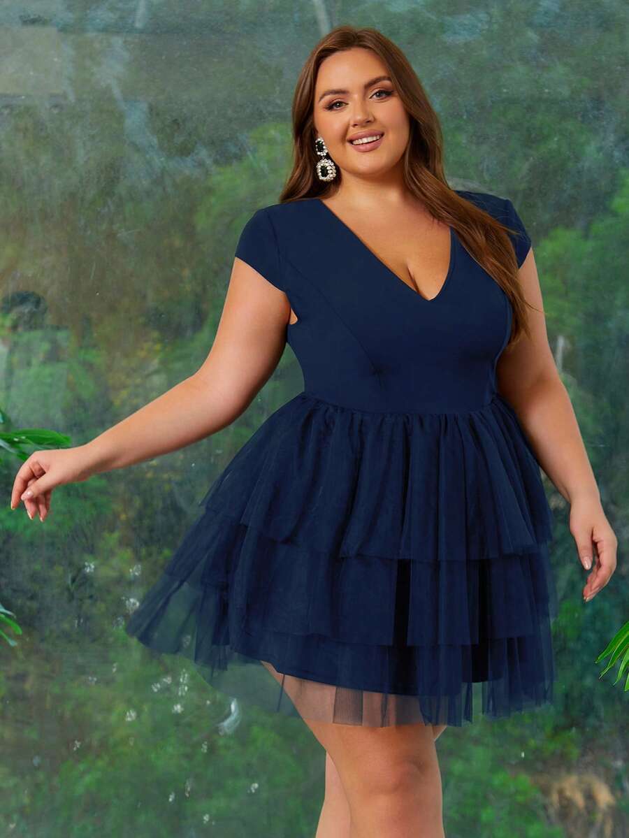 Women Plus Size Elegant Multi-Layered Mesh V-Neck Cocktail Dress For Wedding Guest, Homecoming, Graduation, Evening Date, Casual Tea Party, Spring/Summer/Autumn/Christmas - Navy Blue - View 1