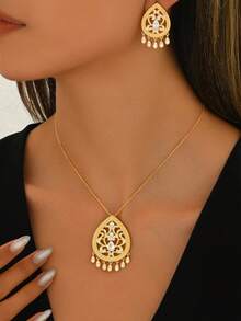 Set di 3 pezzi di gioielli vintage eleganti, composto da collana con pendente a goccia d'acqua e nappine, e orecchini abbinati, adatto per uso quotidiano, vacanze, feste, banchetti