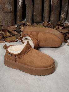 波西米亚风保暖内衬毛绒拖鞋，蓬松雪地靴，厚底一脚蹬保暖室内/室外靴，毛皮靴 - 棕色 - 查看 7