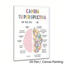 【2D扁平化设计】1张西班牙语心理健康海报 - 成长型思维咨询装饰画，主题：“改变视角”，教育心理学艺术品，适用于教室、办公室、家居 - 简约大脑设计，柔和色调 - 帆布印刷 - 无框墙面装饰，心理学装饰，办公室装饰，励志艺术，教室装饰，耐用材质，2D扁平化设计 - 彩色 - 查看 5