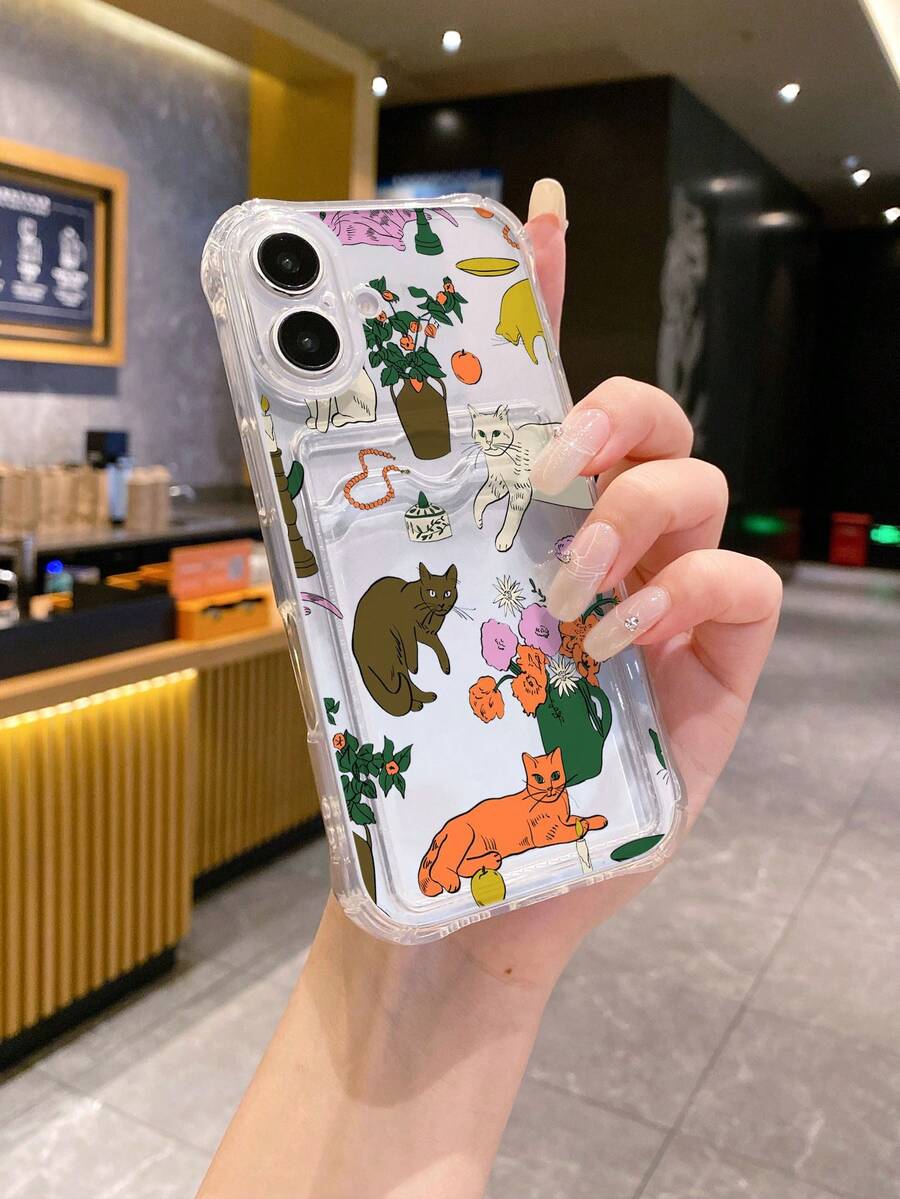 1个白色防震TPU手机壳，猫咪和花卉印花图案，兼容、OPPO、安卓智能手机 - 彩色 - 查看 1