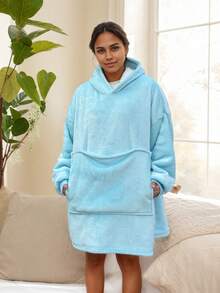 1 件带袖法兰绒毯子，冬季连帽运动衫，可穿戴毯子，带大口袋，左侧、右侧和顶部各有 3 个口袋，适合成人和小型宠物 - 天藍色 - 查看 7