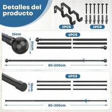 Barras de cortina dobles negras de 32 a 120 pulgadas, barras de cortina resistentes, barra de cortina telescpica para dormitorio, barra de cortina doble con remates redondos - 0,8-2,1 m (32-84") - Ver 3