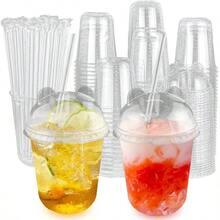 16oz 50 Set Disposable Plastic Cups With Dome Lids And Straws, Iced Coffee Cups With Lids, Round Bottom Plastic Cup Milkshakes Beverages Holiday Party Outdoor Picnic Supplies - 12盎司/50套(熊貓蓋) - 查看 2