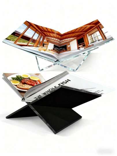 1 件 X 形透明亚克力书架、阅读音乐专辑展示架、黑白书架、适合图书馆的家居装饰、食谱、音乐专辑和各种书籍、厨房柜台装饰