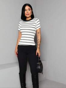 Women's Ribana Blouse, Striped And Plain, Basic Bicolor American - COLLAR - Xem 2