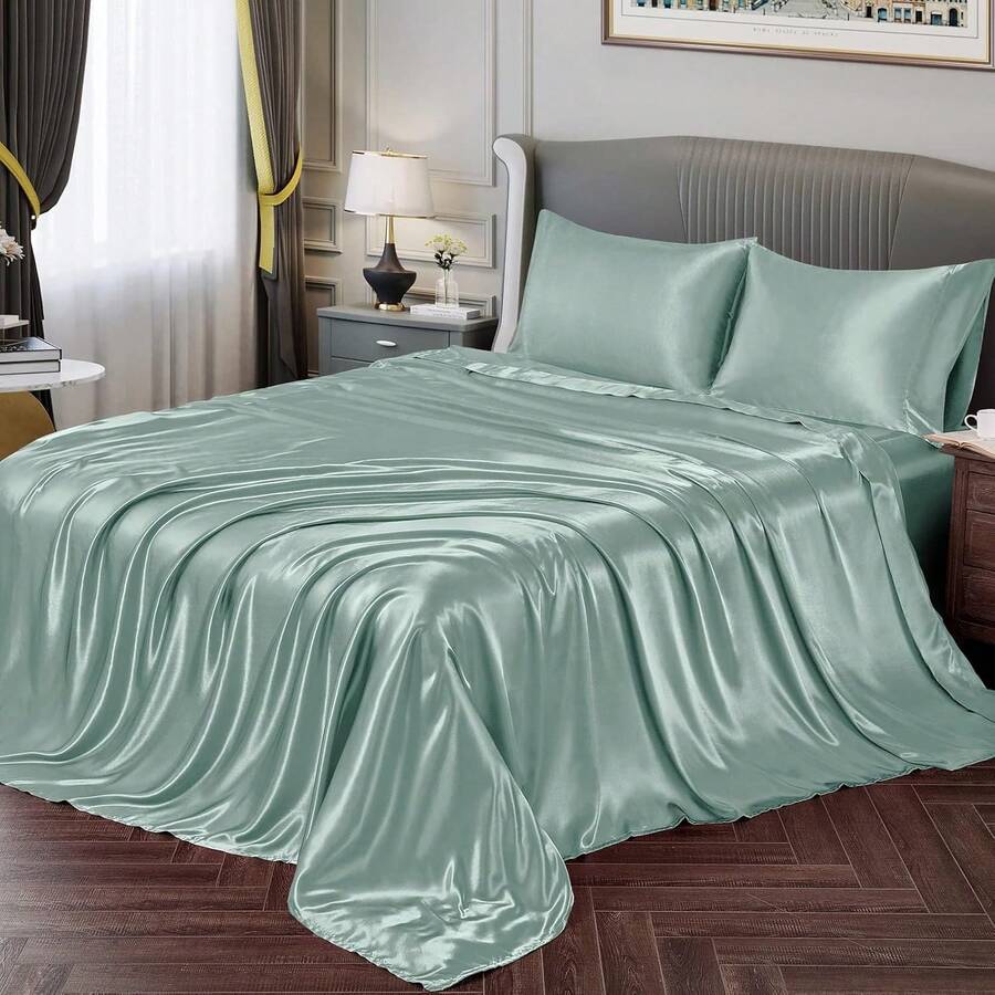 Silky Soft Pink Twin XL Satin Bed Sheets Set, 1 Deep Pocket Fitted Sheet + 1 Flat Sheet + 1 Pillowcase, In 2025 - 薄荷綠 - 查看 1
