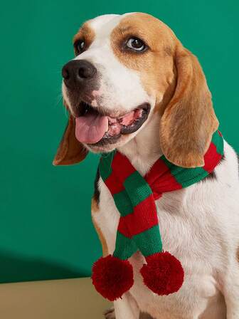 1 Stück Teddy Corgi Haustier Weihnachten rot & grün gestreifter gestrickter Schal, Haustier Feiertags-Outfit Schal