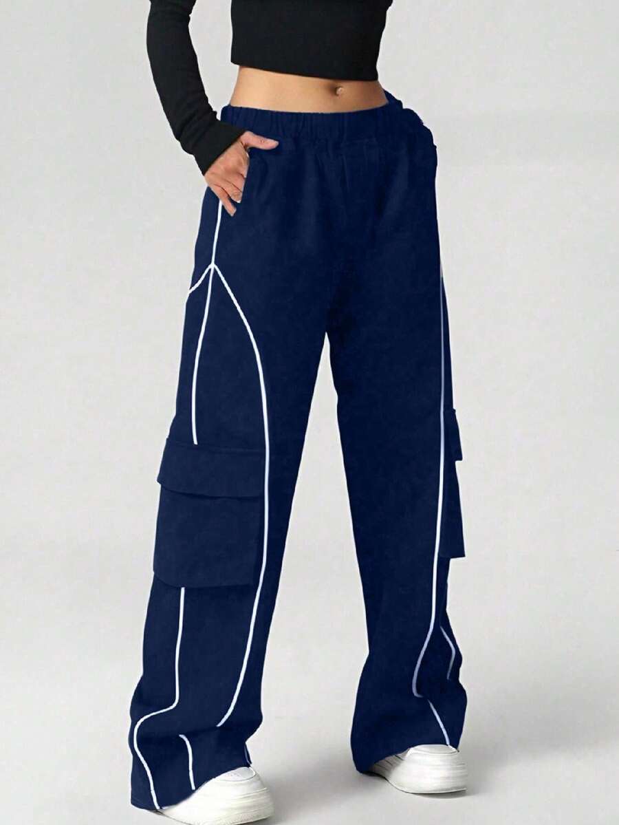 1pc Tween Girls Loose Casual Versatile Solid Color Outdoor Sports Workout Cargo Pants, Spring/Autumn - Blue - View 1