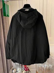 Plus Size Black Woven Fabric Hooded Cape Coat With Drawstring And Pockets, Regular Sleeve Long Sleeve Fall Outerwear