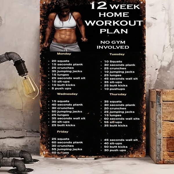 Art Deco Eisen Wandschild - 12 Wochen Heimtrainingsplan - Vielseitig verwendbares dekoratives Metallschild mit Fitness-Konzept, Vintage-Stil inspirierender Trainingsanleitung für Innen- und Außenbereich, englischer Text, für Zuhause, Bar, Gym Dekoration (20 cm x 30 cm)